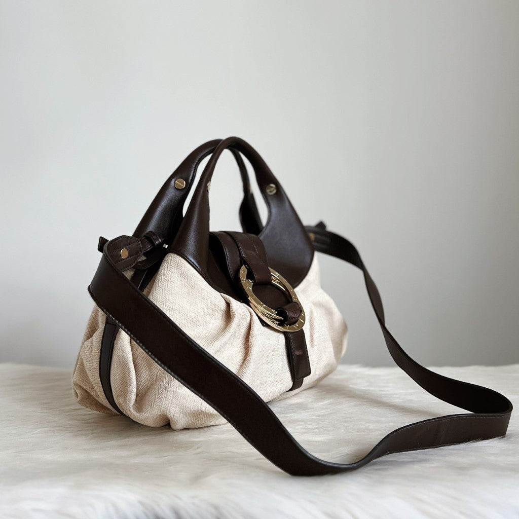 Bvlgari Chocolate Leather Trim Signature Ring Detail 2 Way Shoulder Bag