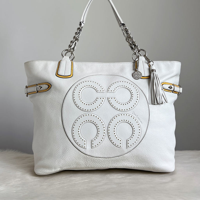 Coach White Leather Front Pattern Detail Oversized Shoulder Bag