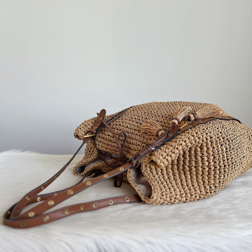Ralph Lauren Caramel Leather Tassel Charm Straw Large Shoulder Bag Excellent