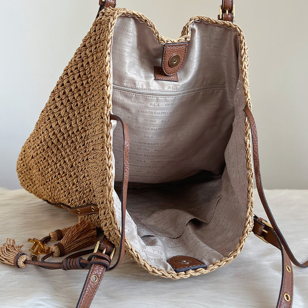 Ralph Lauren Caramel Leather Tassel Charm Straw Large Shoulder Bag Excellent