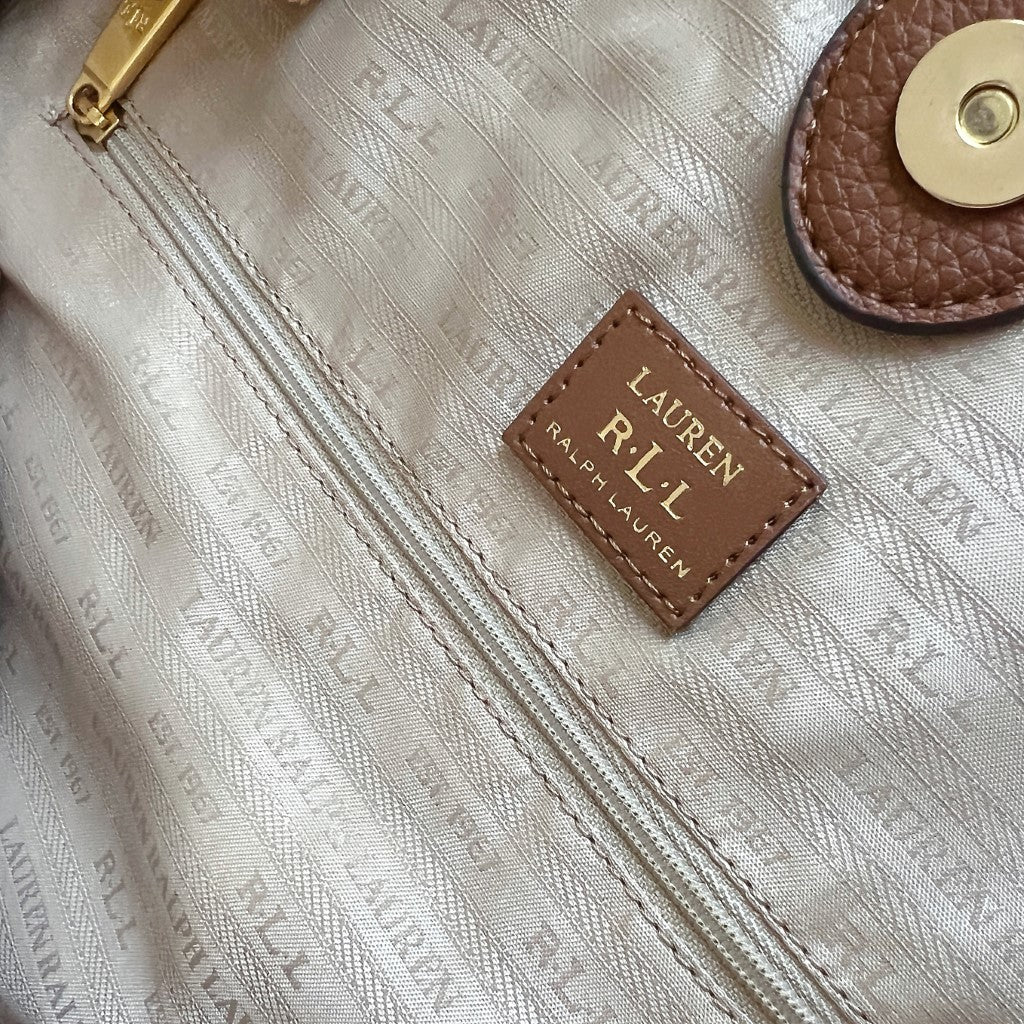 Ralph Lauren Caramel Leather Tassel Charm Straw Large Shoulder Bag Excellent
