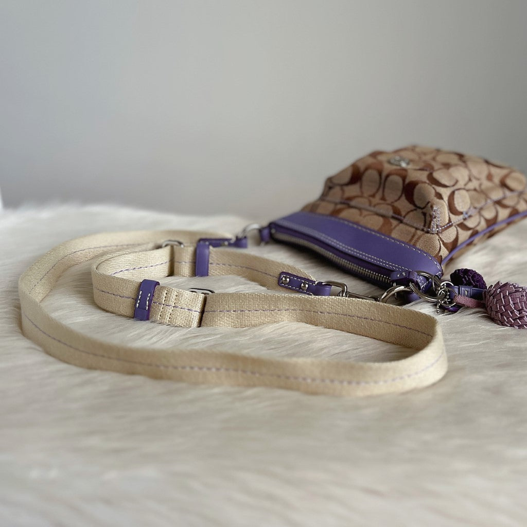Coach Purple Leather Trim Monogram Charm Detail Crossbody Shoulder Bag