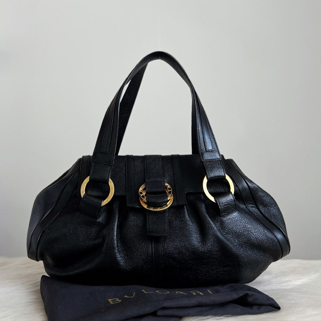 Bvlgari Black Leather Front Ring Detail Shoulder Bag Excellent