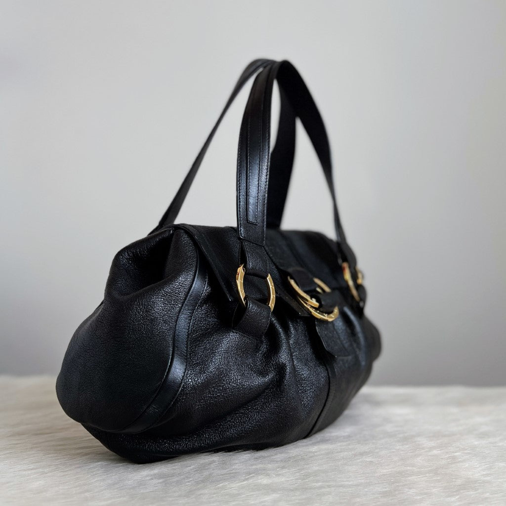 Bvlgari Black Leather Front Ring Detail Shoulder Bag Excellent