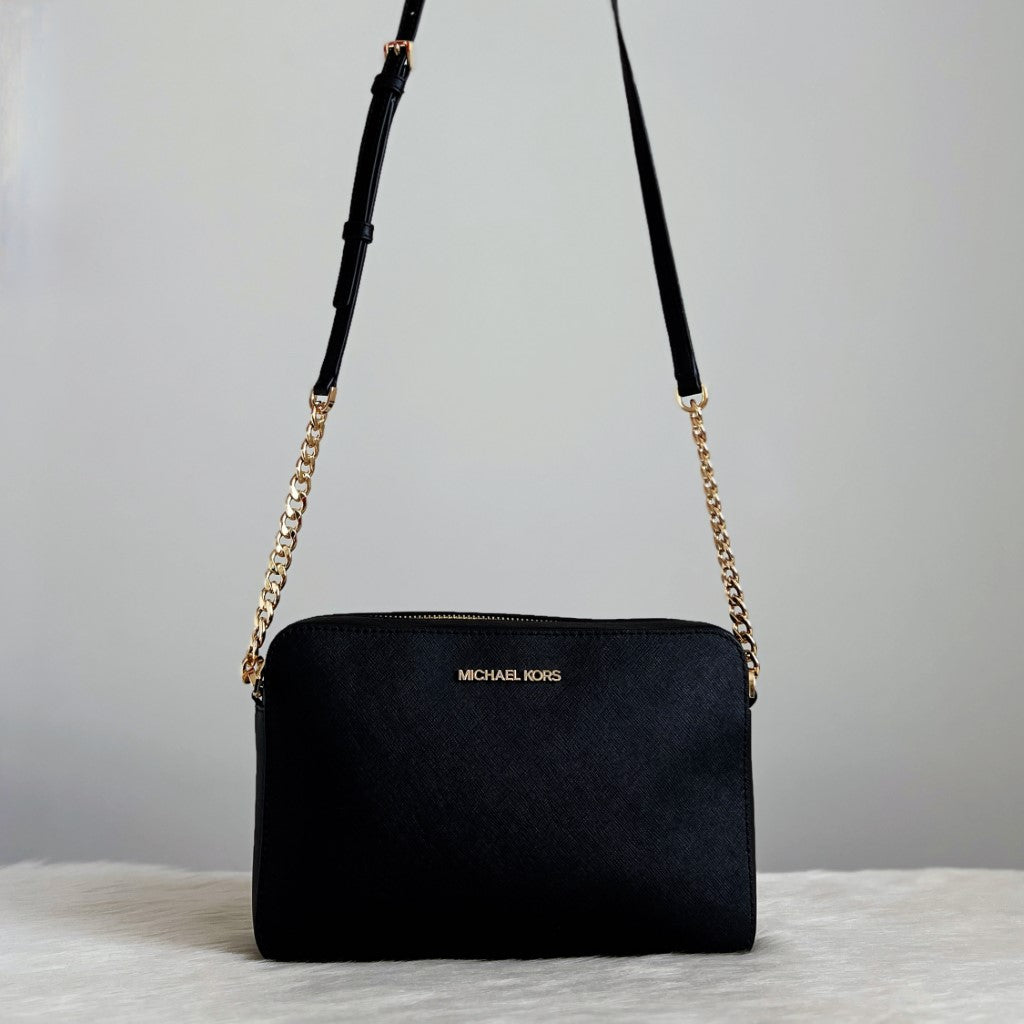 Michael Kors Black Leather Gold Chain Detail Crossbody Shoulder Bag Li