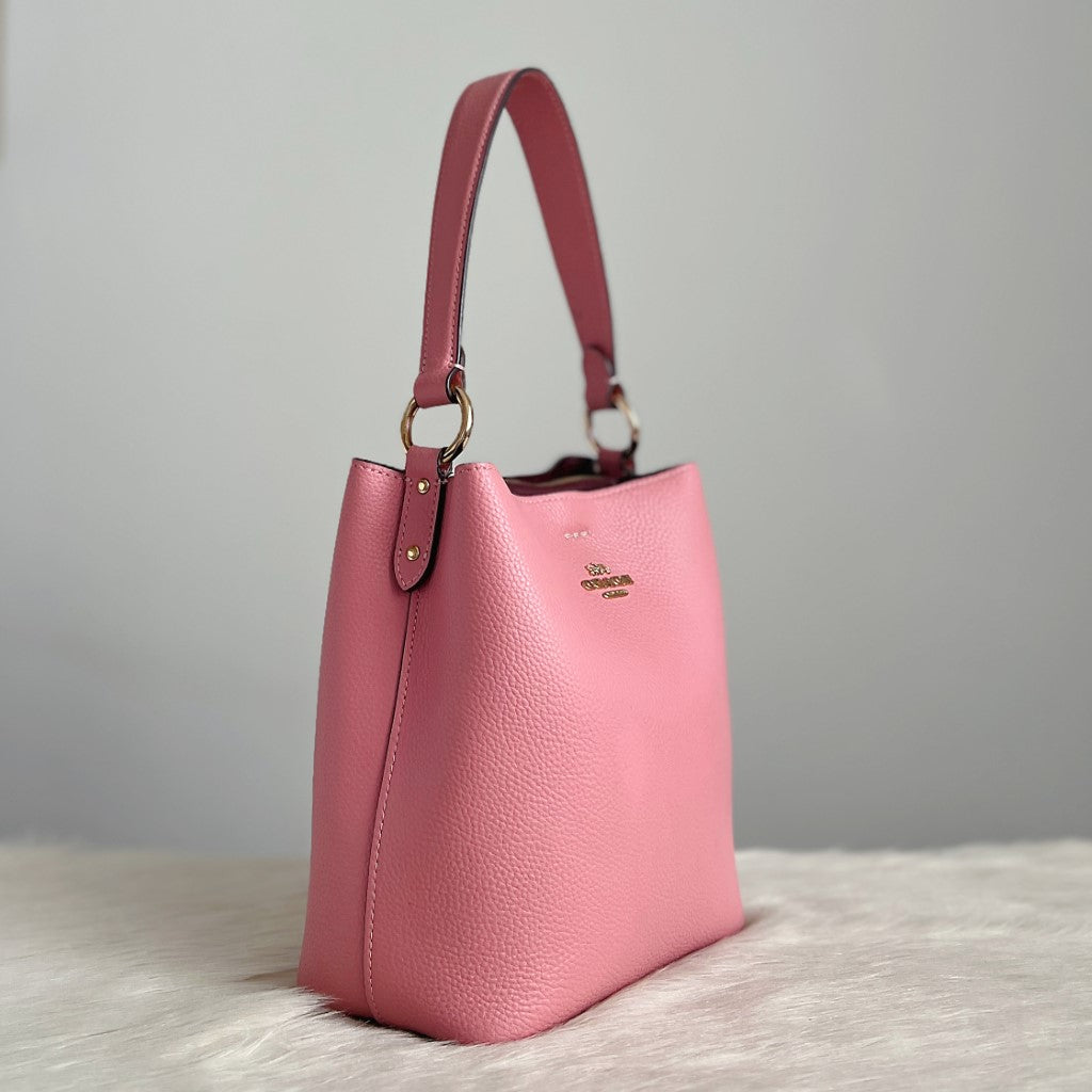 Coach Pink Leather Front Logo Bucket 2 Way Shoulder Bag Excellent