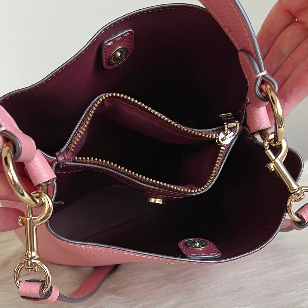 Coach Pink Leather Front Logo Bucket 2 Way Shoulder Bag Excellent