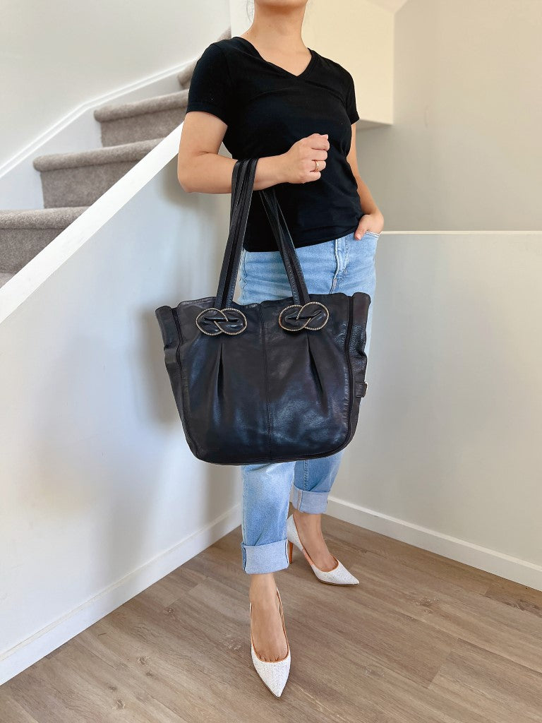 See by Chloe Black Leather Front Detail Large Shoulder Bag