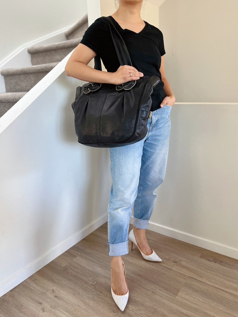 See by Chloe Black Leather Front Detail Large Shoulder Bag