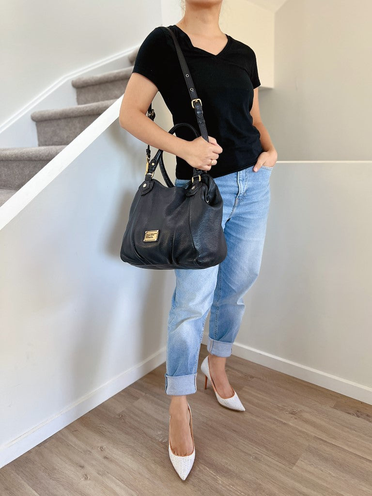Marc Jacobs Black Leather Front Logo 2 Way Shoulder Bag