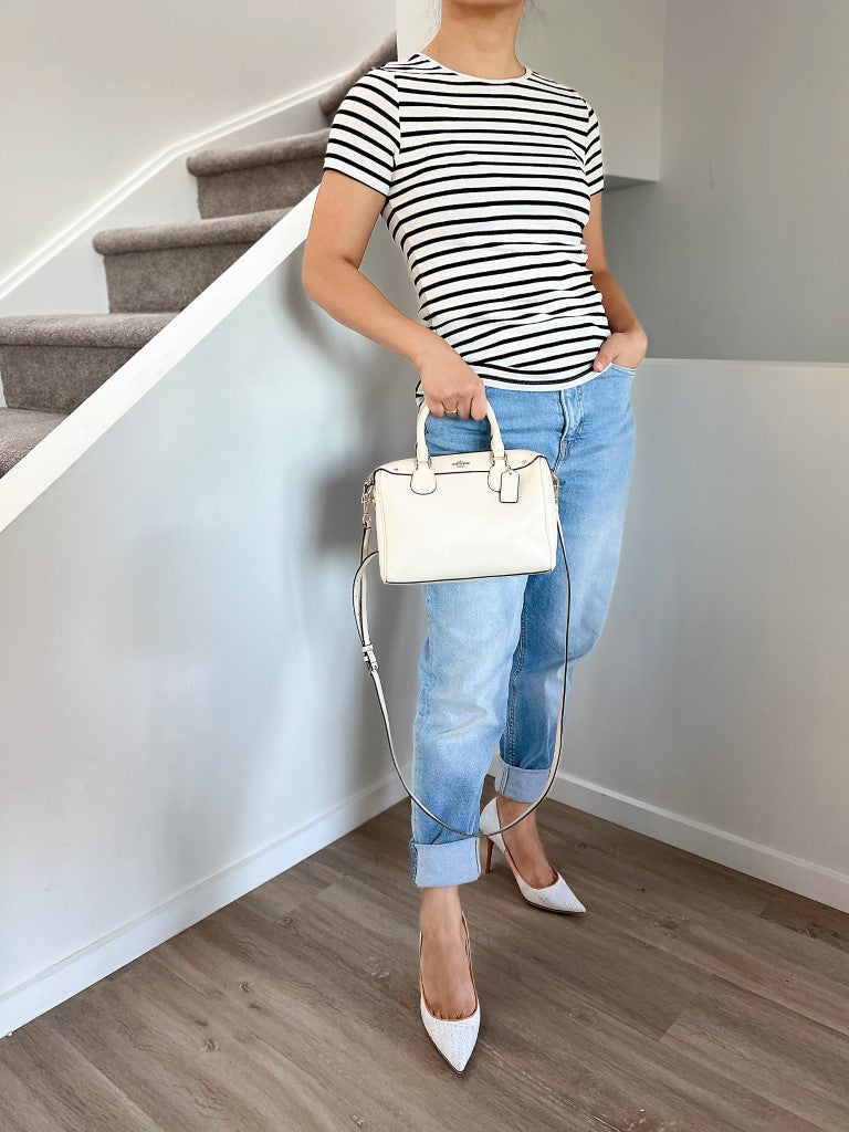 Coach White Leather Front Logo Boston 2 Way Shoulder Bag
