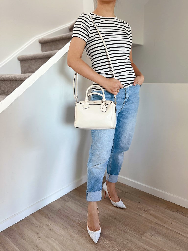 Coach White Leather Front Logo Boston 2 Way Shoulder Bag