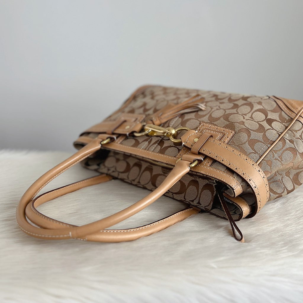 Coach Signature Monogram Front Buckle Tassel Detail Shoulder Bag