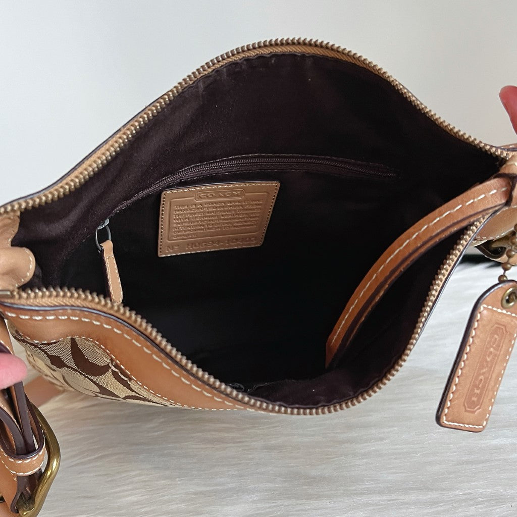 Coach Caramel Leather Monogram Charm Detail Crossbody Shoulder Bag