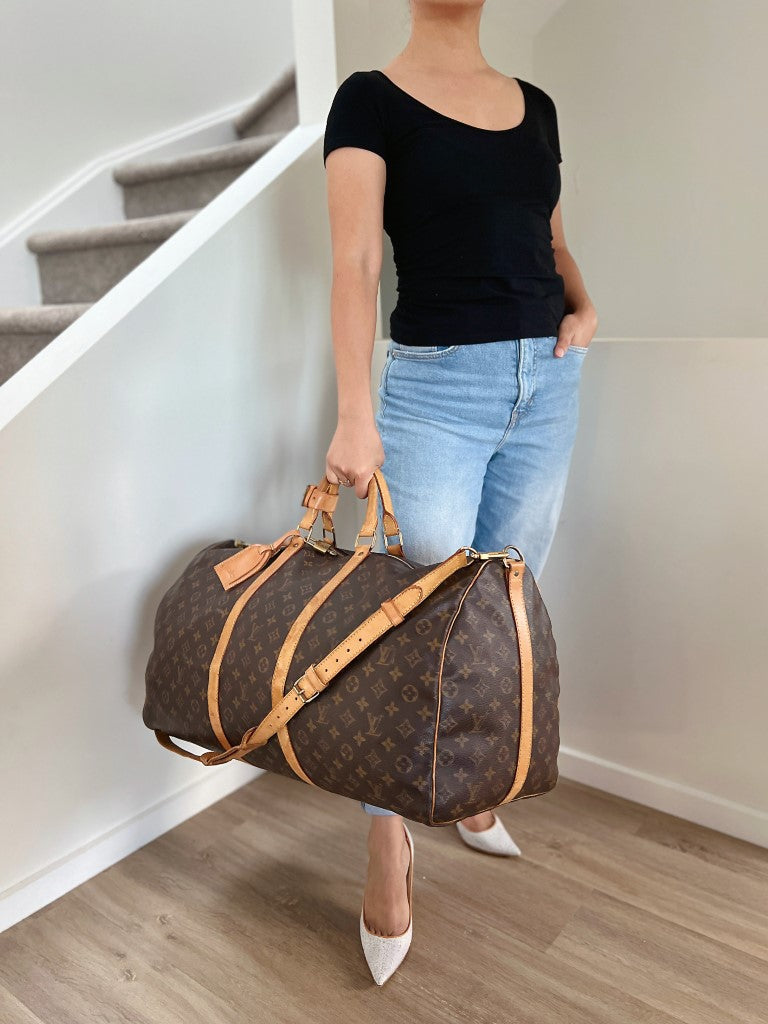 Louis Vuitton Signature Monogram Bandouliere Keepall 60 Travel Bag Full Set