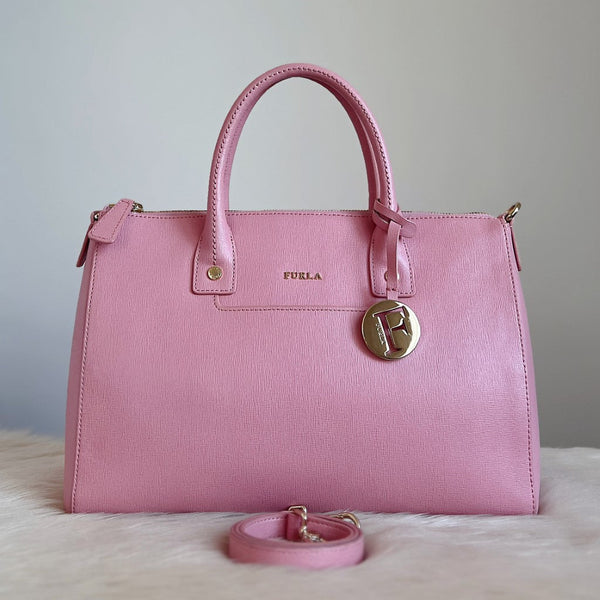Furla Pink Leather F Charm Boston 2 Way Shoulder Bag Like New