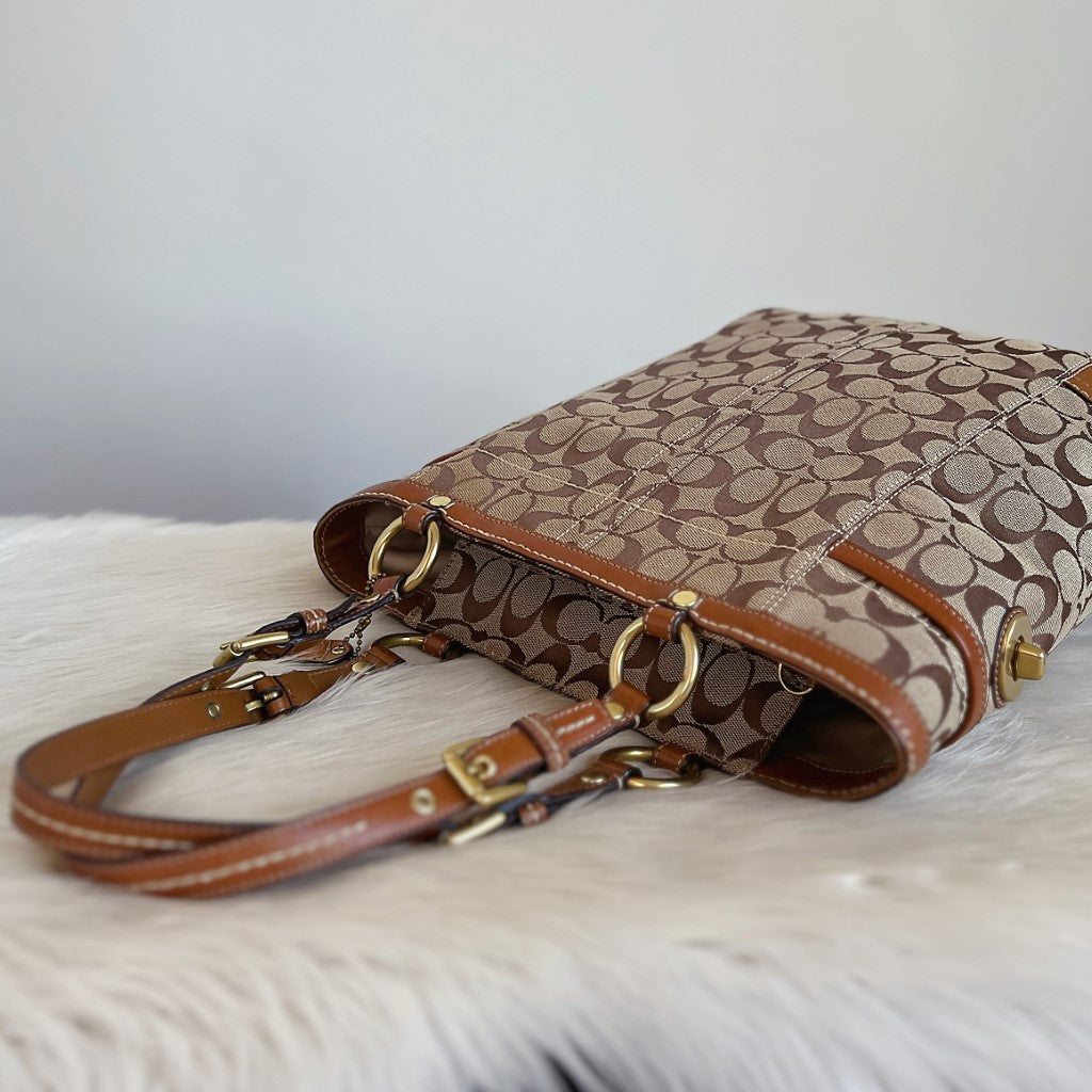 Coach Signature Monogram Side Turn Lock Detail Shoulder Bag