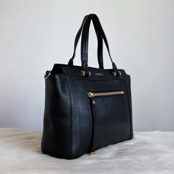 Furla Black Leather Zip Detail Pocket Career 2 Way Shoulder Bag Excellent