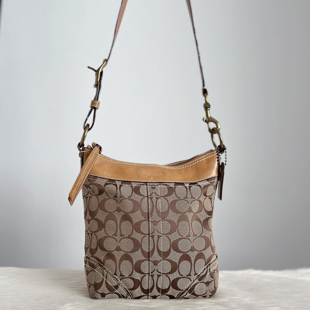 Coach Caramel Leather Monogram Charm Detail Crossbody Shoulder Bag