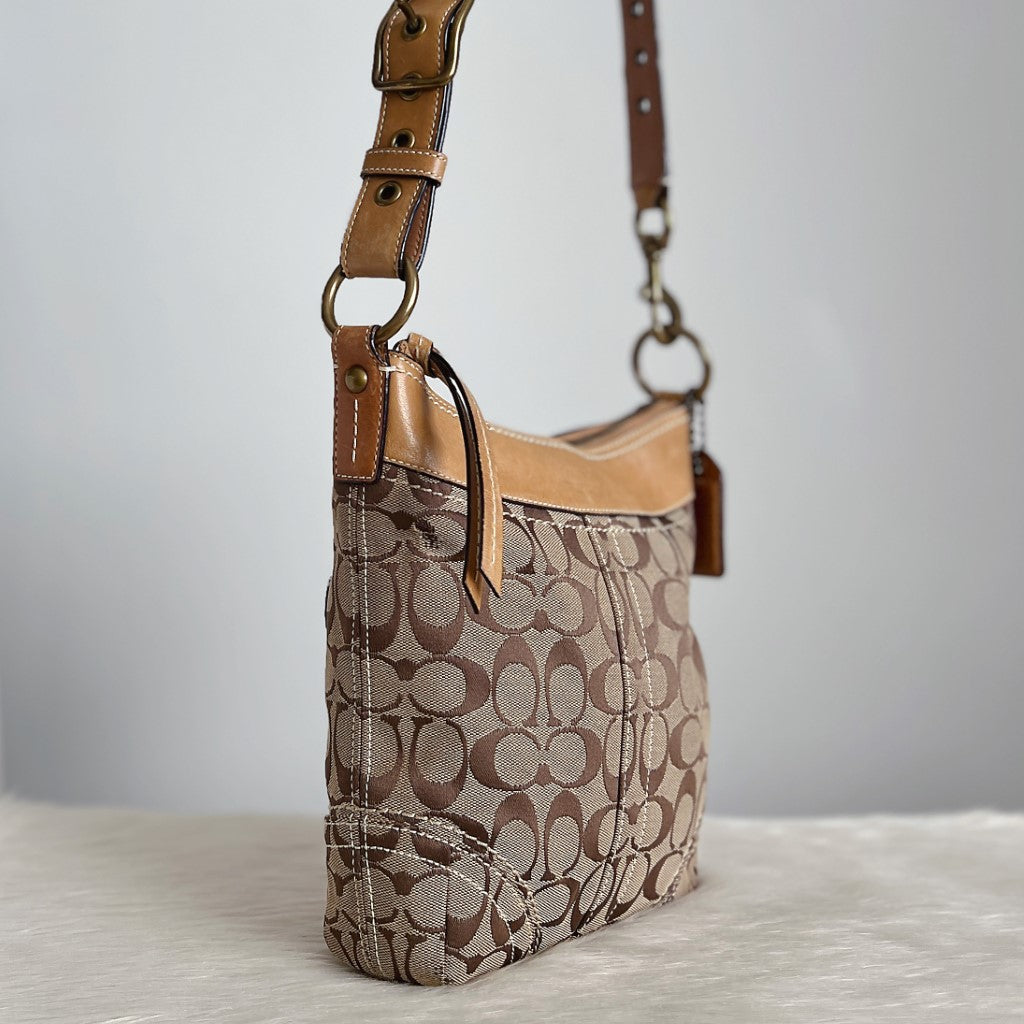 Coach Caramel Leather Monogram Charm Detail Crossbody Shoulder Bag