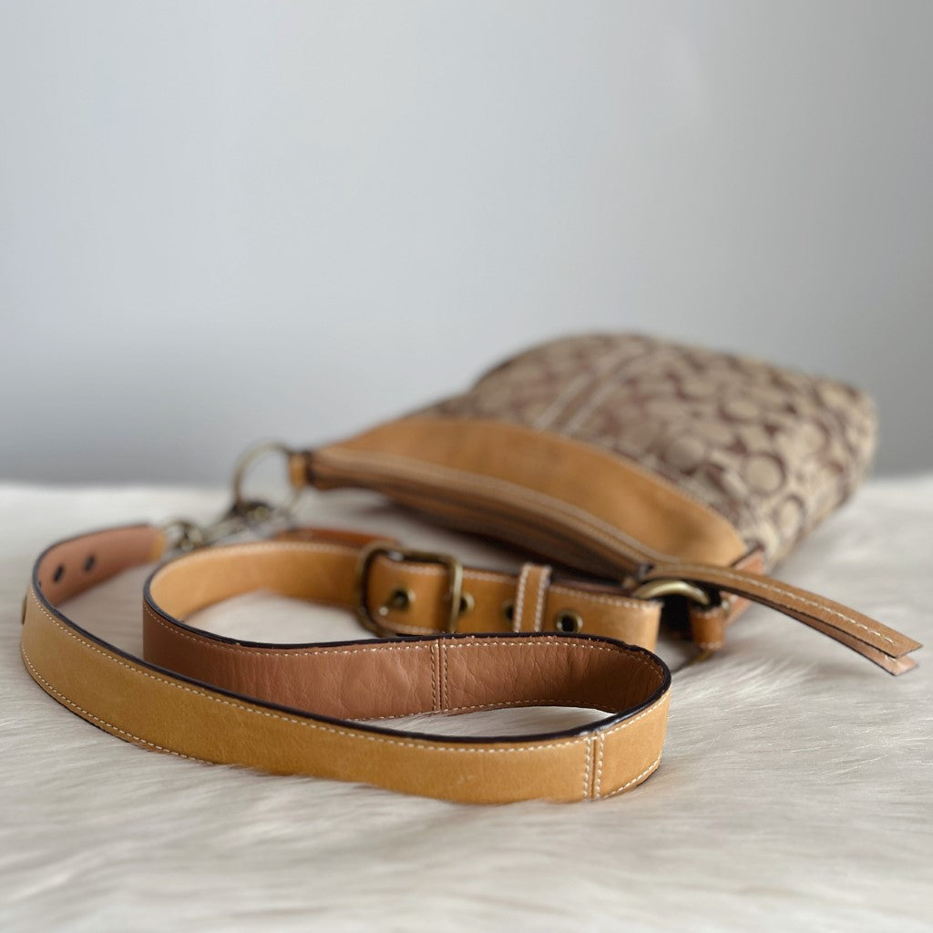 Coach Caramel Leather Monogram Charm Detail Crossbody Shoulder Bag