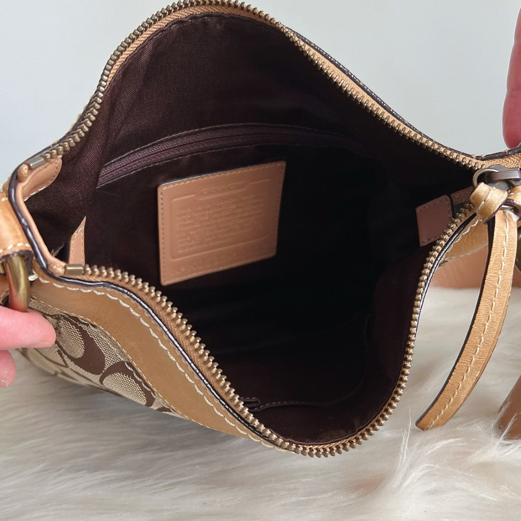 Coach Caramel Leather Monogram Charm Detail Crossbody Shoulder Bag