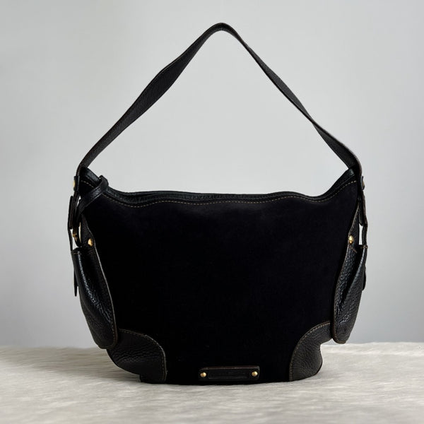 Salvatore Ferragamo Black Leather Suede Half Moon Shoulder Bag