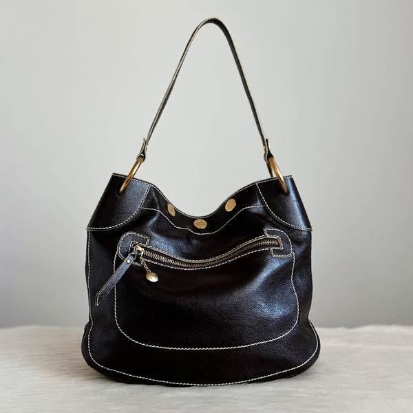 Celine Dark Chocolate Leather Front Zip Pocket Shoulder Bag