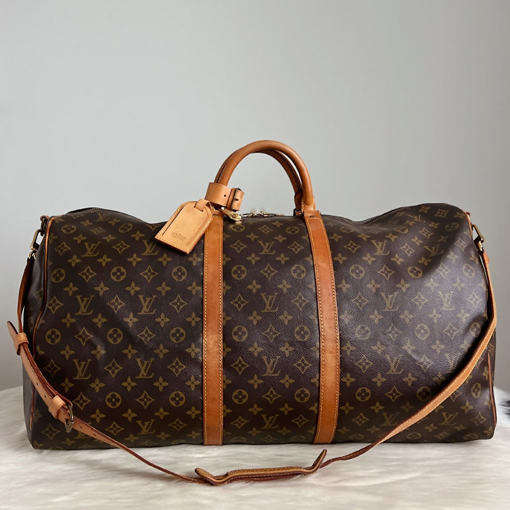 Louis Vuitton Signature Monogram Bandouliere Keepall 60 Travel Bag Full Set