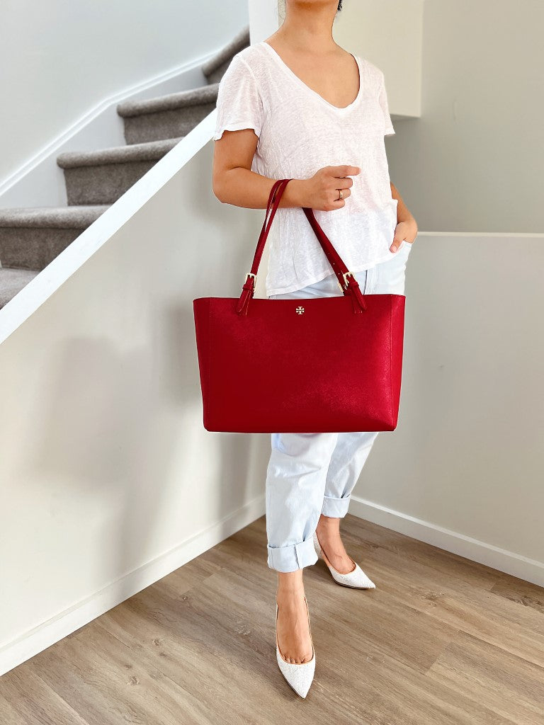 Tory Burch Red Leather Front Compartment Large Shoulder Bag Like New