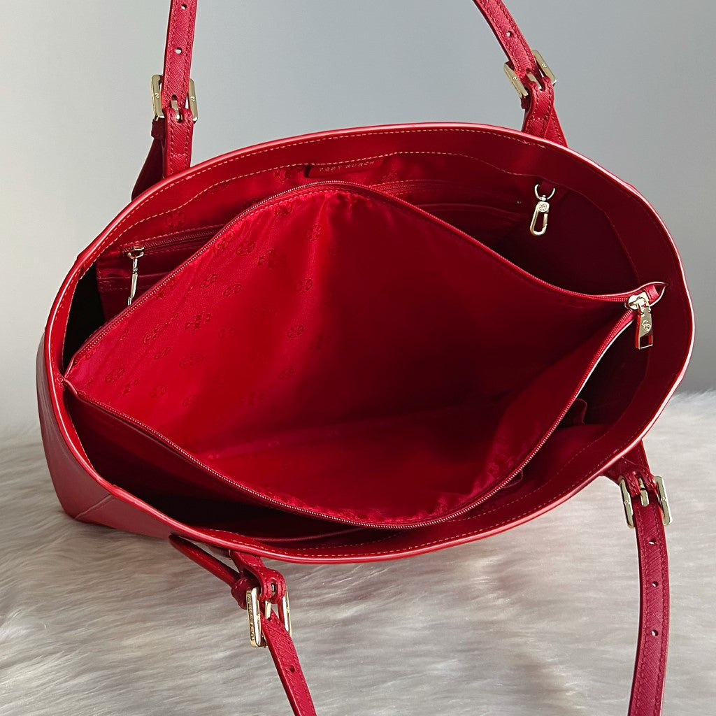 Tory Burch Red Leather Front Compartment Large Shoulder Bag Like New