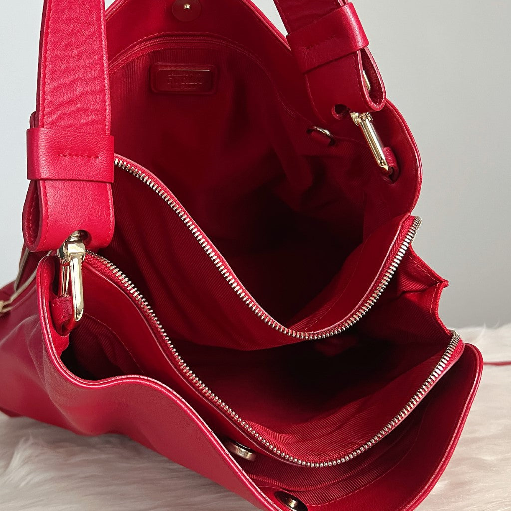 Furla Red Leather Slouchy Triple Compartment Shoulder Bag Excellent