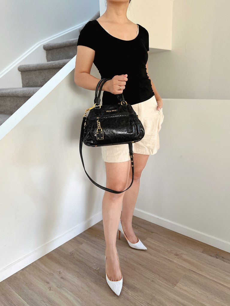 Miu Miu Black Leather Lock Charm 2 Way Shoulder Bag
