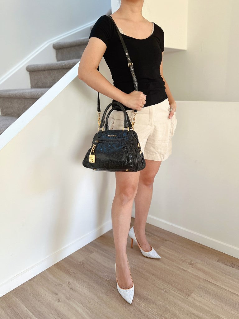 Miu Miu Black Leather Lock Charm 2 Way Shoulder Bag