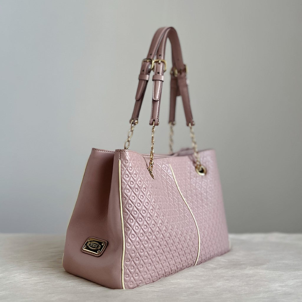 Tod's Blush Pink Leather Embossed Triple Compartment Shoulder Bag Excellent