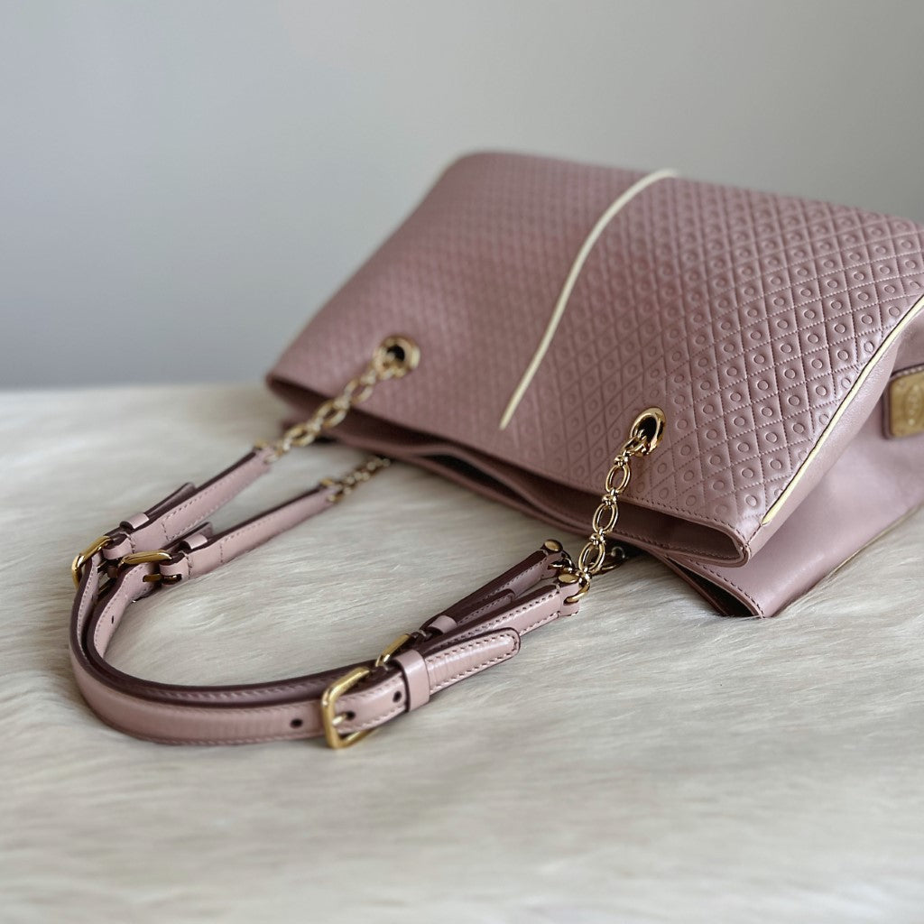 Tod's Blush Pink Leather Embossed Triple Compartment Shoulder Bag Excellent