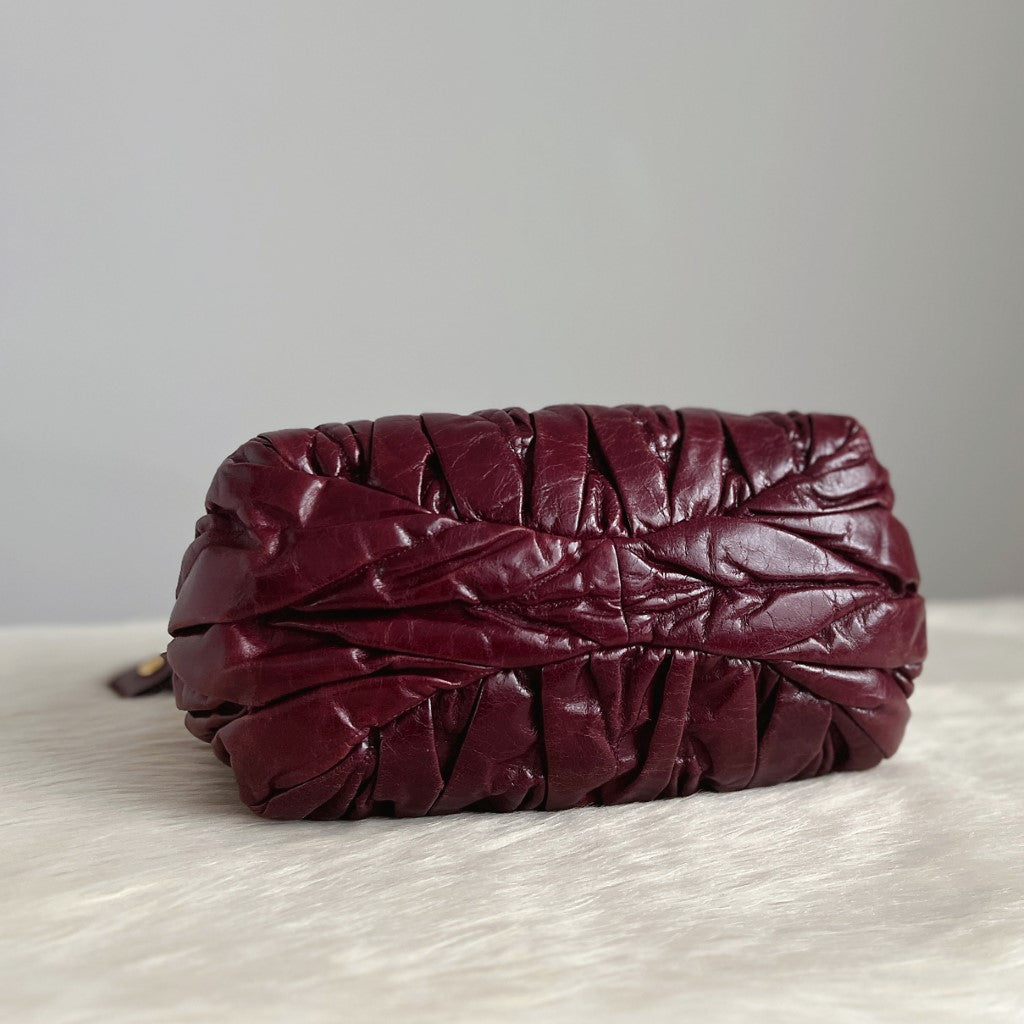 Miu Miu Shiny Maroon Leather Nappa Buckle 2 Way Shoulder Bag