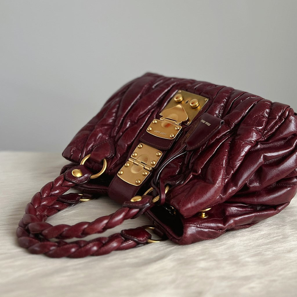 Miu Miu Shiny Maroon Leather Nappa Buckle 2 Way Shoulder Bag