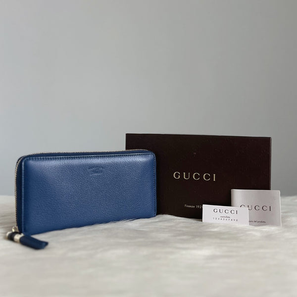 Gucci Blue Leather Signature Bamboo Charm Long Wallet Excellent