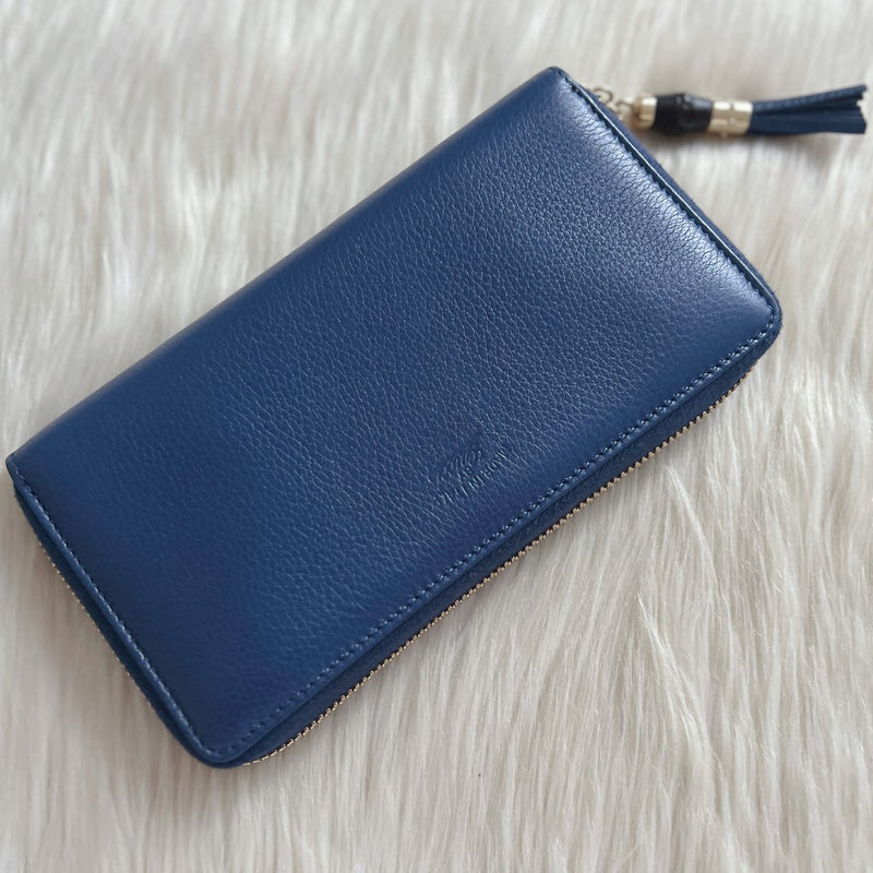 Gucci Blue Leather Signature Bamboo Charm Long Wallet Excellent