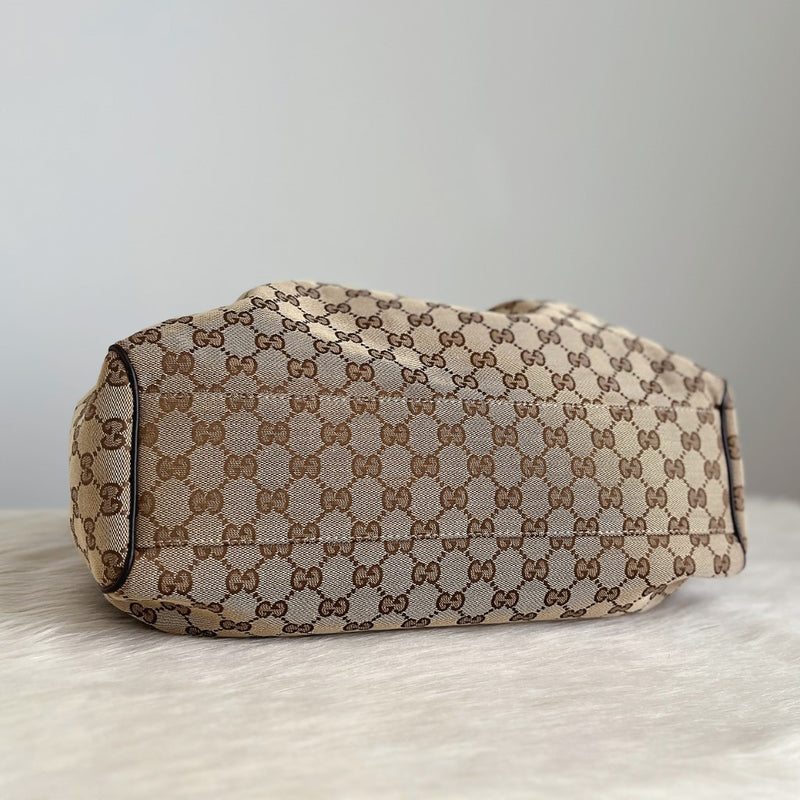 Gucci Signature Double G Chocolate Leather Trim Shoulder Bag