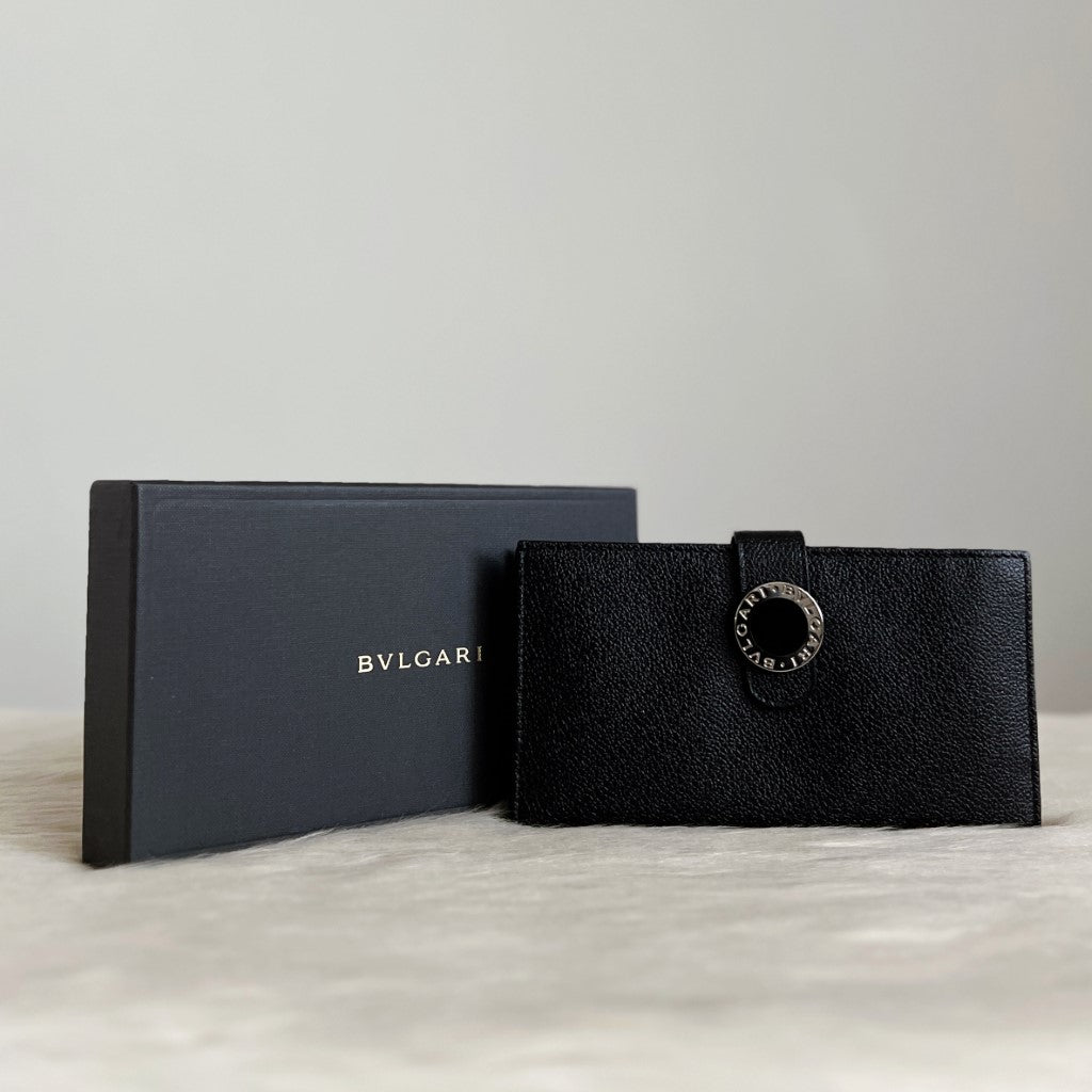 Bvlgari Black Leather Signature Ring Fold Unisex Long Wallet Like New