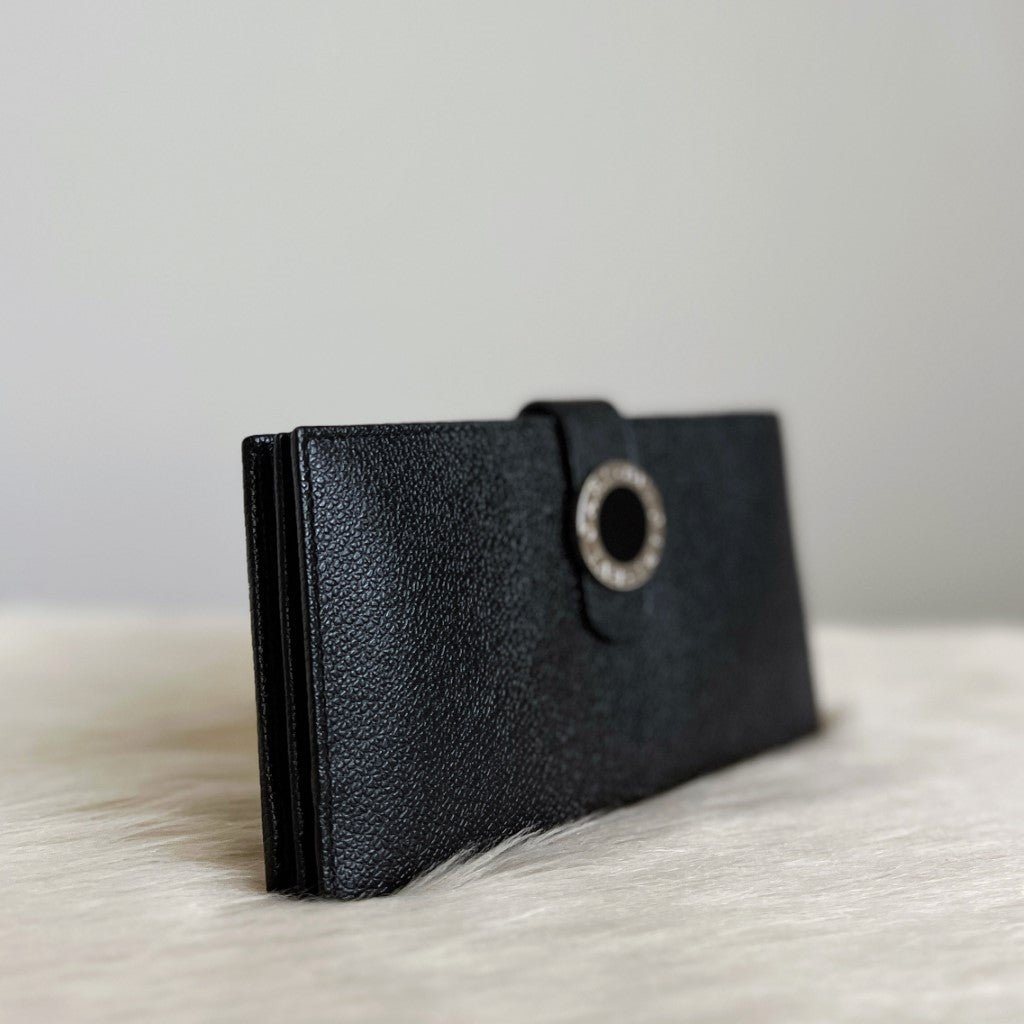 Bvlgari Black Leather Signature Ring Fold Unisex Long Wallet Like New