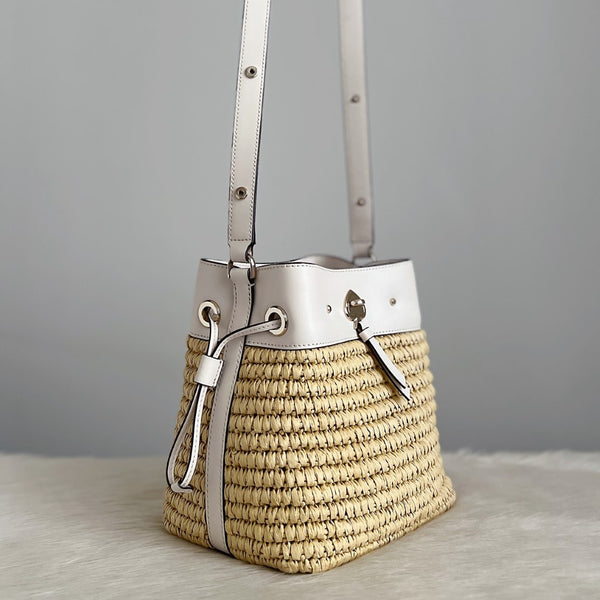 Kate Spade White Leather Straw Patchwork Bucket Shoulder Bag Like New