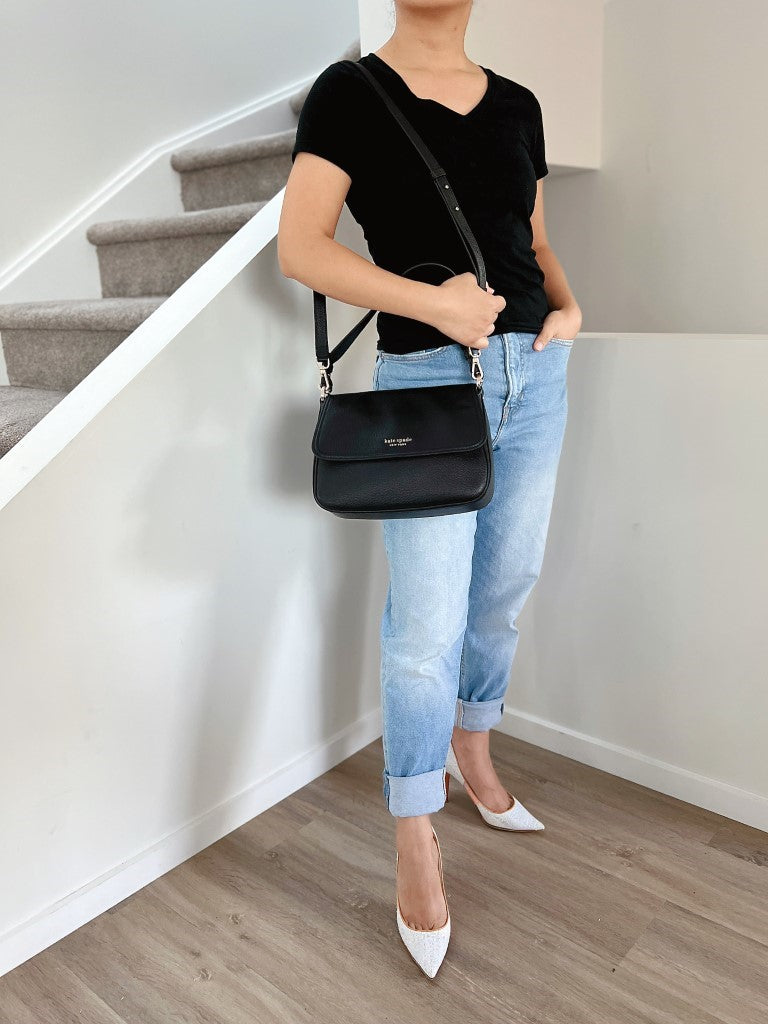 Kate Spade Black Leather Front Logo 2 Way Shoulder Bag Like New