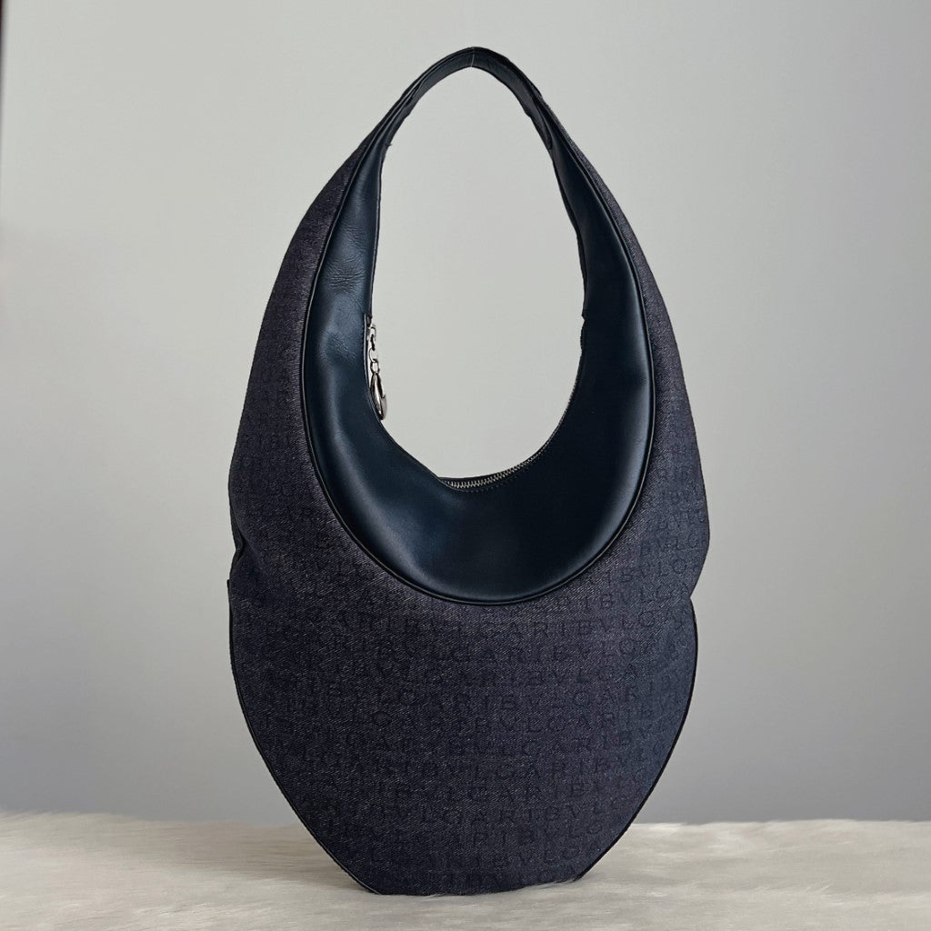 Bvlgari Black Leather Signature Logo Pattern Hobo Shoulder Bag