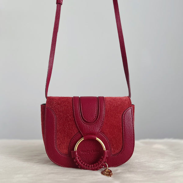 See by Chloe Red Leather Suede Patchwork Ring Detail Crossbody Shoulder Bag Excellent