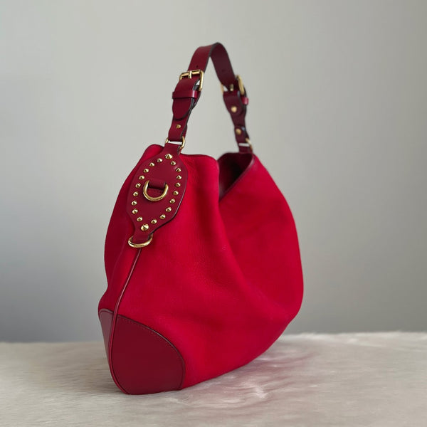 Gucci Red Leather Suede Patchwork Studded Detail 2 Way Shoulder Bag Excellent