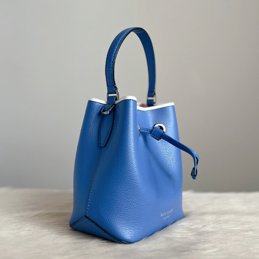 Kate Spade Blue Leather Bucket Drawstring 2 Way Shoulder Bag Like New