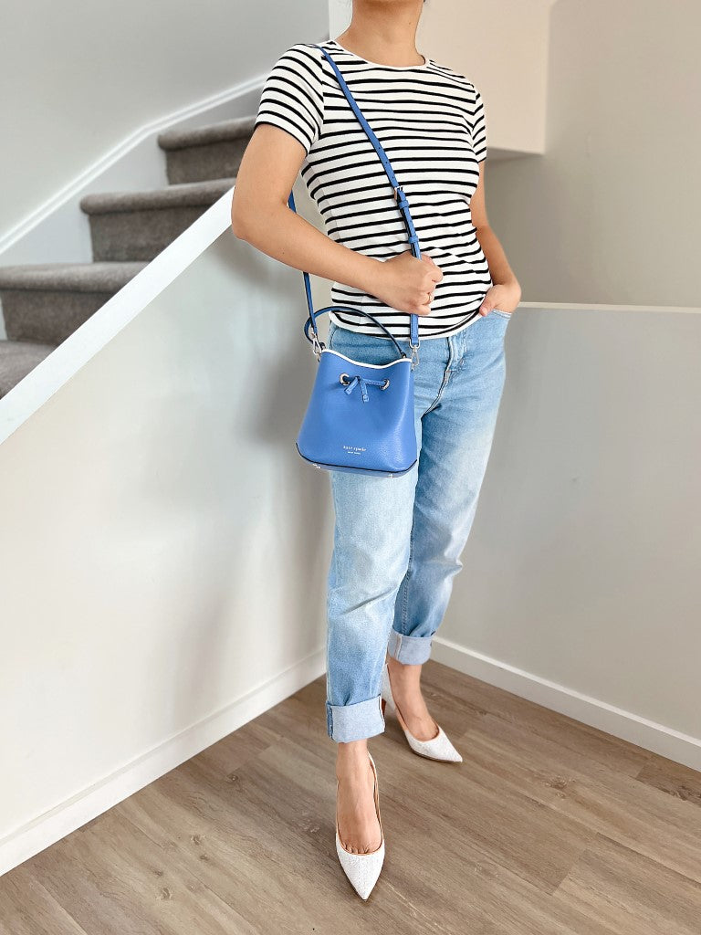 Kate Spade Blue Leather Bucket Drawstring 2 Way Shoulder Bag Like New